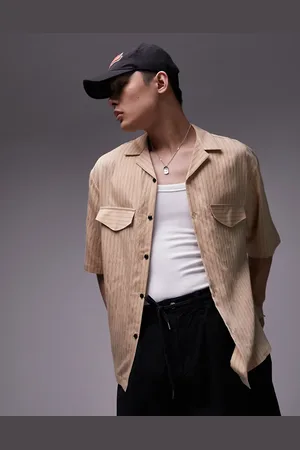 Topman Short sleeve relaxed revere double pocket striped shirt in camel