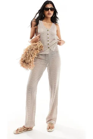 Object Crochet lace tie waist beach trouser co-ord in cream