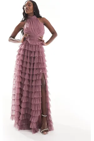 Beauut Bridesmaid high neck maxi dress with ruffle skirt and open back in rose