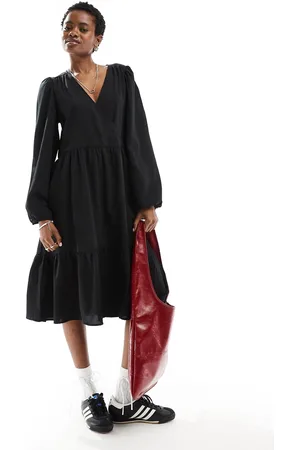 Monki Long sleeve wrap midi dress in
