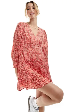 MANGO V neck flower print mini dress in red