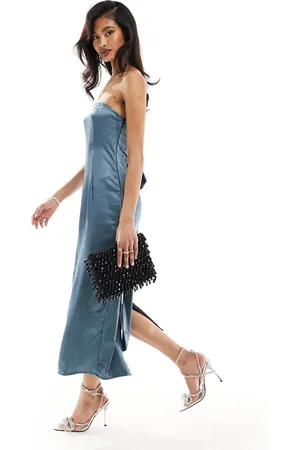 In The Style Bandeau satin bow detail midi dress in slate