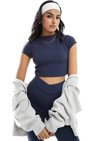 Miss Selfridge Short sleeve crop top co-ord in navy blue