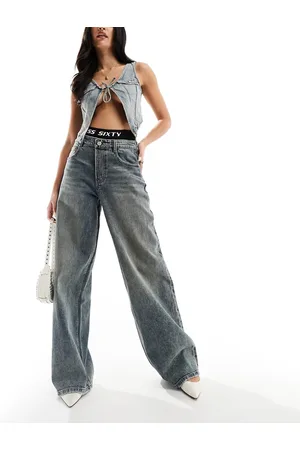 Miss Sixty Wide leg denim jeans with double layered boxer trim in vintage wash