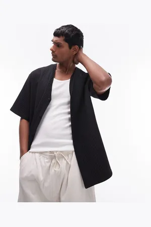 Topman Short sleeve collarless plisse shirt in