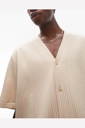 Topman Short sleeve relaxed collarless plisse shirt in stone