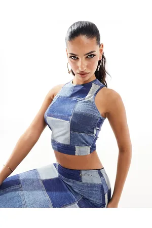Sixth June Co-ord mesh patchwork denim print crop top in