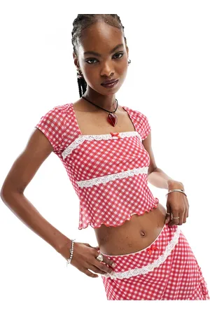 Reclaimed Cap sleeve top co-ord in gingham with bow and lace trim