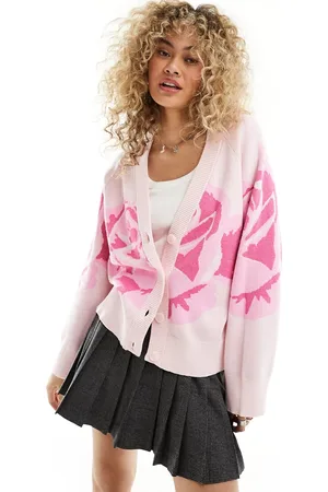 Monki Knitted v neck cardigan with oversize pink rose pattern