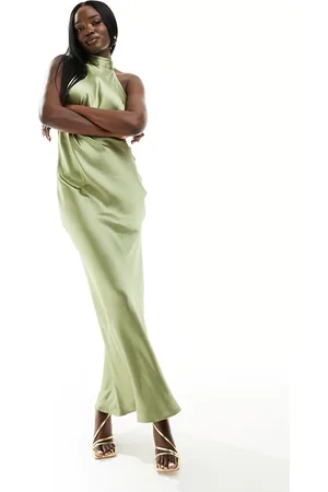 Pretty Lavish Bridesmaid Raleigh backless satin maxi dress in olive