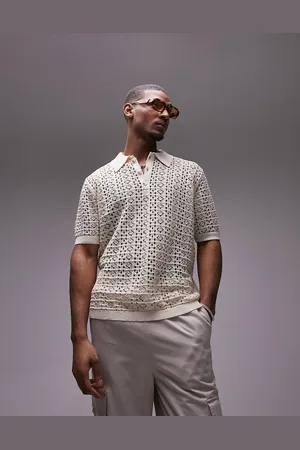 Topman Knitted sheer crochet polo with gold lurex yarn in stone