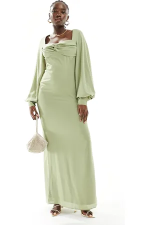 Pretty Lavish Bridesmaid balloon sleeve maxi dress in olive