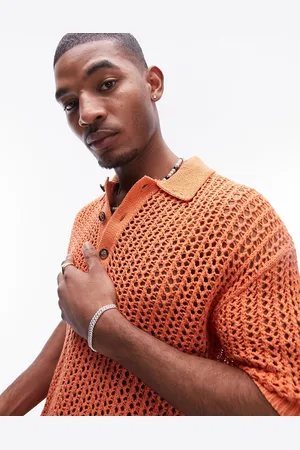 Topman Open crochet knitted polo in coral