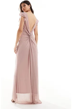 TFNC Bridesmaid chiffon twist back maxi dress with flutter sleeve in soft