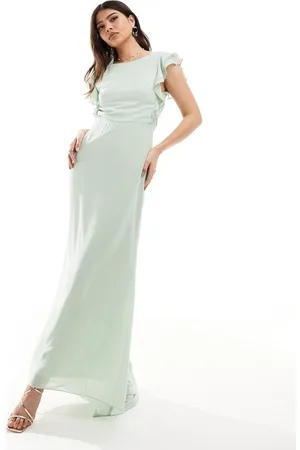 TFNC Bridesmaid chiffon twist back maxi dress with flutter sleeve in fresh mint