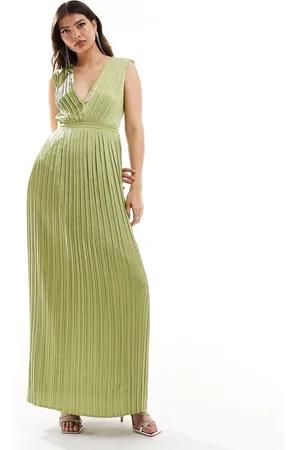 TFNC Bridesmaid satin pleated maxi dress in olive