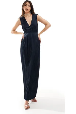 TFNC Bridesmaid satin pleated maxi dress in navy