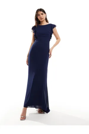 TFNC Bridesmaid chiffon twist back maxi dress with flutter sleeve in navy