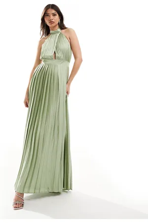TFNC Bridesmaid satin pleated halter neck maxi dress with full skirt in sage green