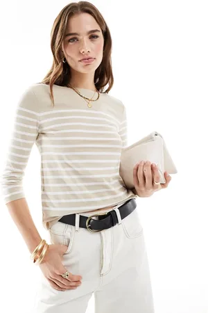 MANGO Long sleeve striped top in beige