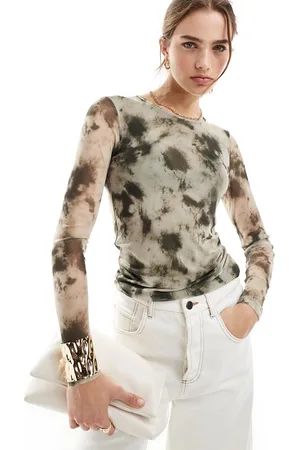 MANGO Long sleeve printed mesh top in and white