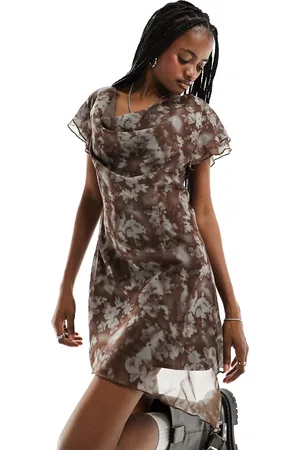 Motel Blurred floral asymmetric hem mini dress in and grey