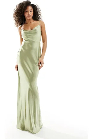 Pretty Lavish Bridesmaid Keisha satin cowl neck maxi dress in olive