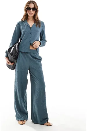 JDY Seersucker wide leg trouser co-ord in dark