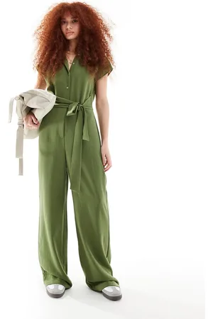 MANGO Tie waist jersey jumpsuit in khaki
