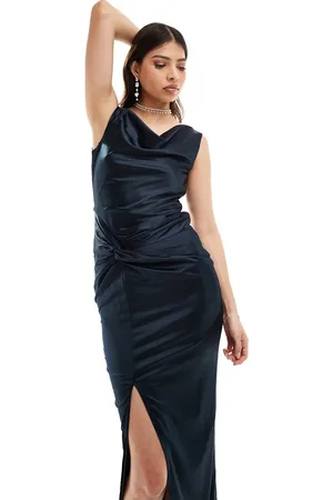 TFNC Bridesmaid satin cowl neck maxi with twist detail dress in navy