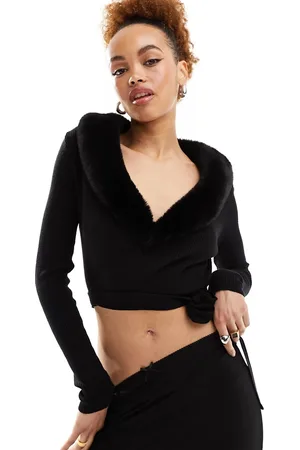 Lioness Faux fur collar wrap tie side cardigan in