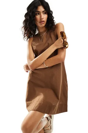 ASOS High neck swing mini linen sundress in chocolate
