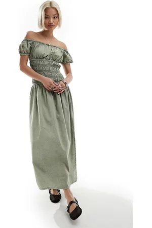 Reclaimed Shirred waist maxi dress in washed khaki