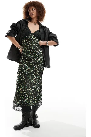 Reclaimed Slip dress with lace inserts in black floral print