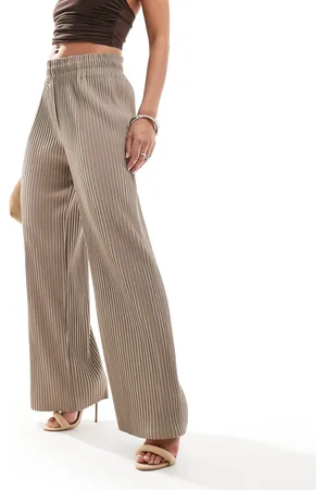 Y.A.S High waisted wide leg plisse trousers in beige