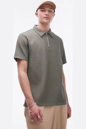 Topman Short sleeve 1/4 zip through plisse shirt in khaki