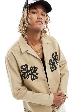 Reclaimed Long sleeve bed jacket shirt with embroidery in beige