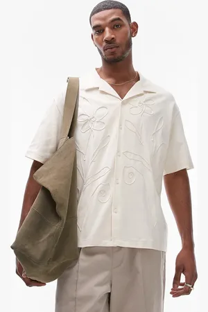 Topman Oversized fit button through jersey polo with embroidery in ecru