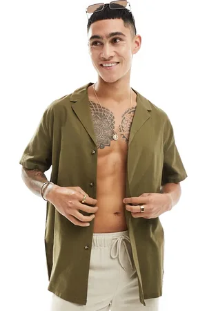 ASOS Relaxed linen blend shirt with deep revere collar in dark khaki
