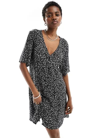 Monki Button through mini dress in black and white floral print