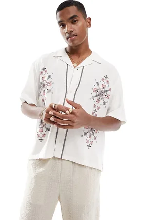 Abercrombie & Fitch Embroidered short sleeve linen blend shirt in