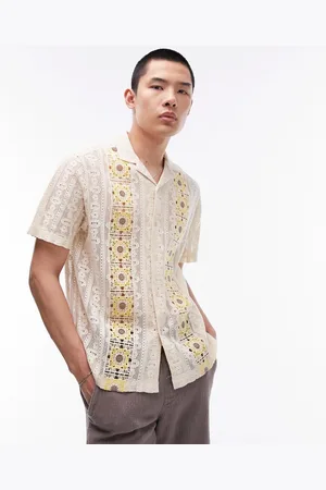Topman Short sleeve crochet front panel floral shirt in stone