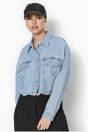 Pimkie Cropped oversized denim jacket with raw hem in light wash