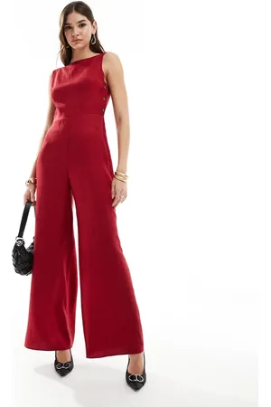 ASOS High neck button side detailed wide leg jumpsuit in oxblood