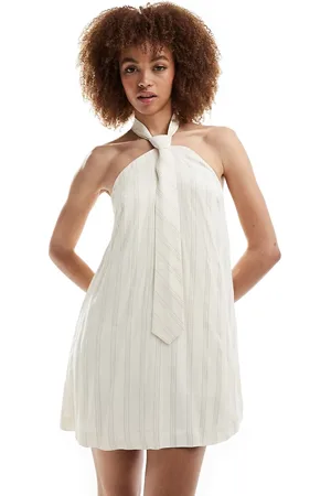 Basic Pleasure Mode Tie neck halter mini dress in ecru