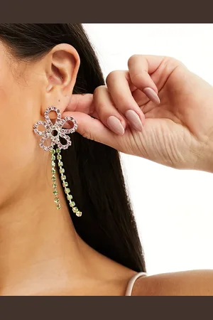 True Decadence Oversized flower drop earrings in pink and green crystal