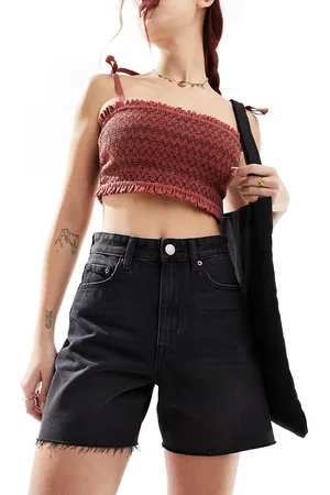 Pull&Bear High waisted raw hem longline denim shorts in