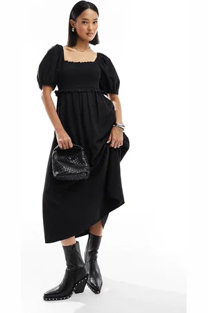 New Look Shirred waist puff sleeve midi dress in
