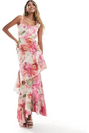 True Violet Square neck ruffle midaxi dress blurred pink floral