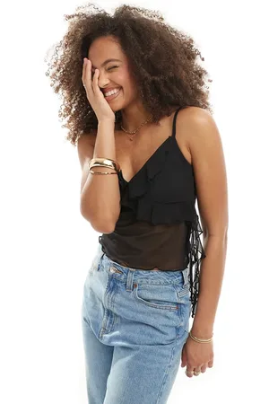New Look Ruffle trim strappy mesh cami top in